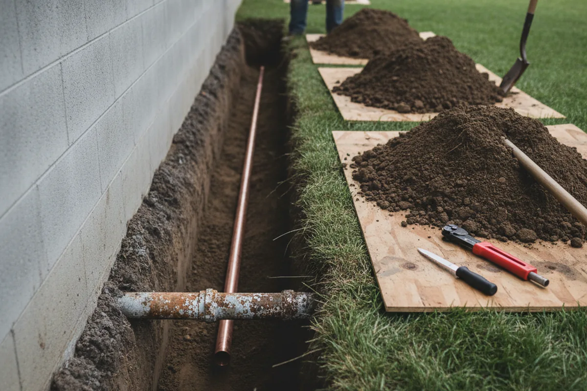 Excavated water line trench during Sewer Line Repair in Clarksburg